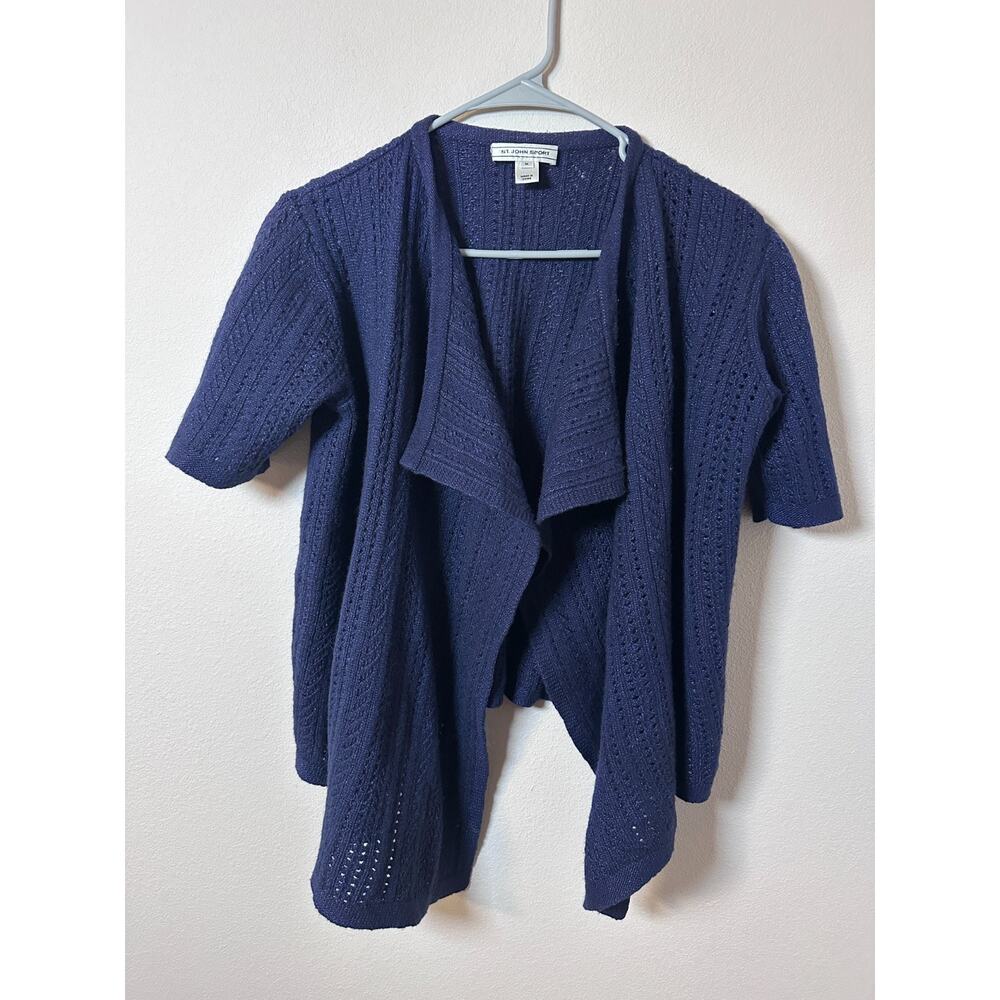 St John Sport size medium open-front cardigan blue knitwear three-quarter sleeve